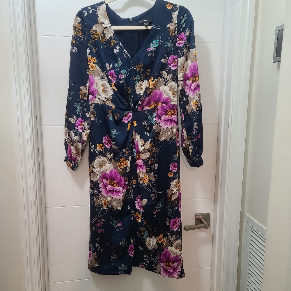 Maggy London Silky Floral Navy Cinched Dress Sz 6
